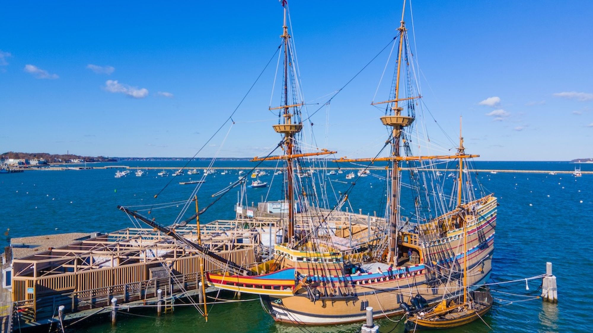 Mayflower II is a reproduction of the 17th century ship Mayflower docked at town of Plymouth, Massachusetts MA, USA.