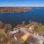 Wakefield Lake Quannapowitt panoramic aerial view in historic town center of Wakefield, Massachusetts MA, USA.