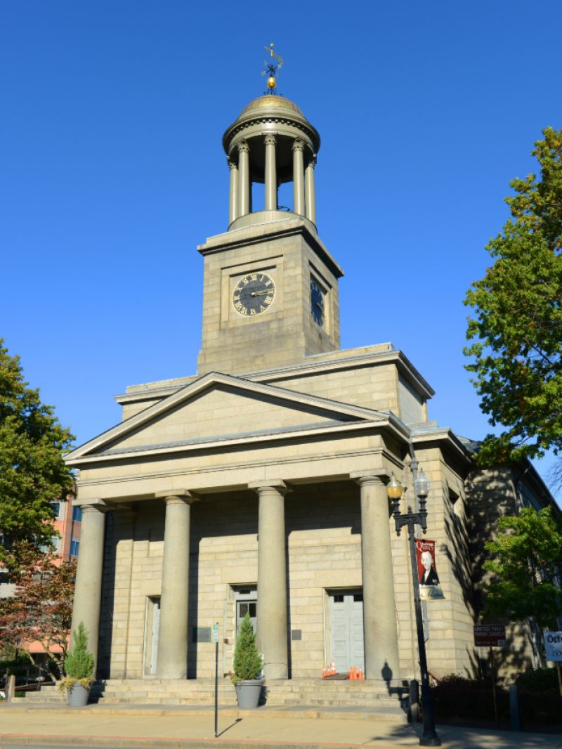 United First Parish Church was built in 1828 in downtown Quincy, Massachusetts