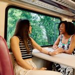 Friends at a table on a train