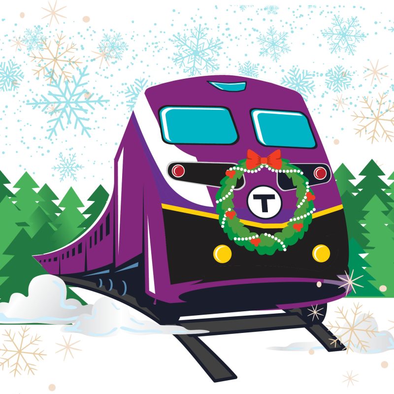 Cartoon illustration of a Commuter Rail train with a holiday wreath on the front of it.
