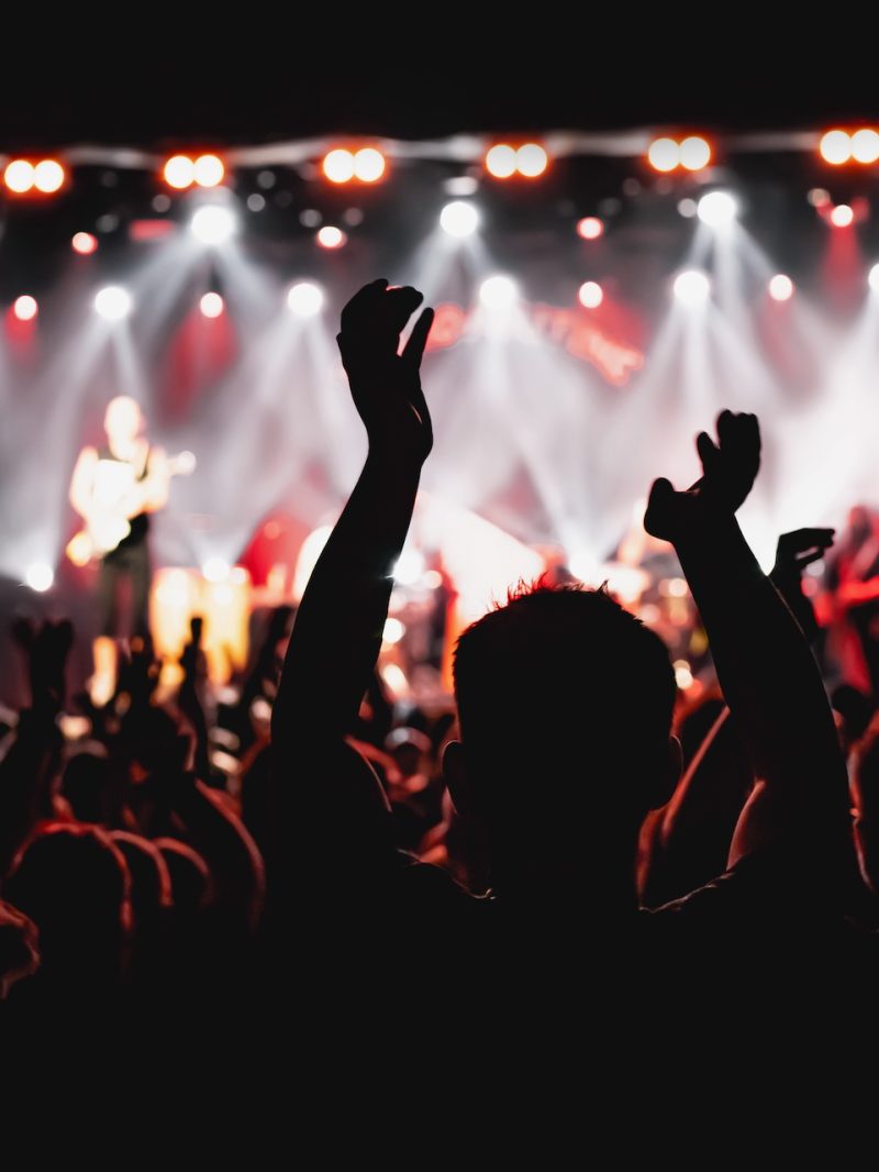 Silhouette of man with raised hands on music concert