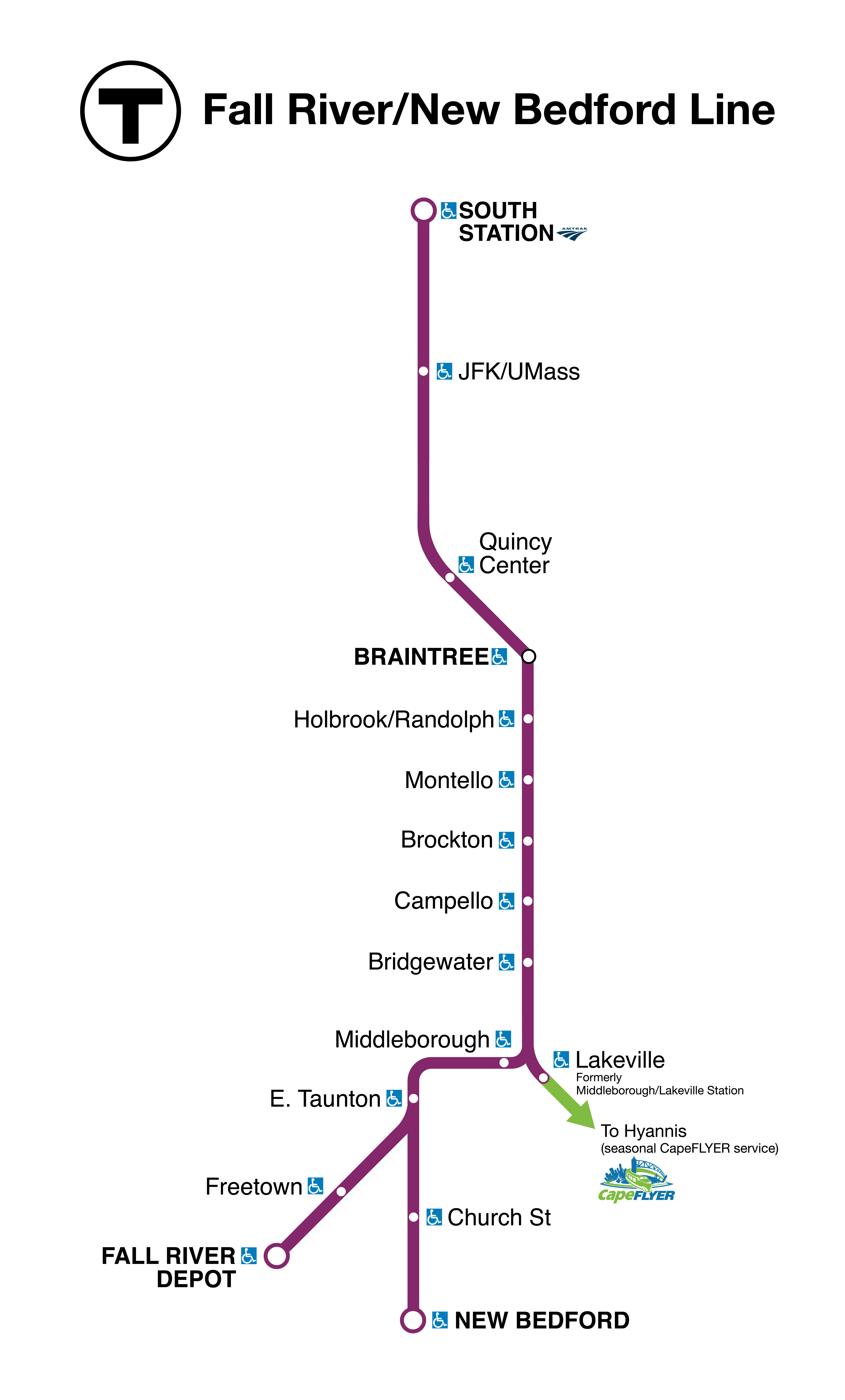 Map of the Fall River/New Bedford Line on the Commuter Rail