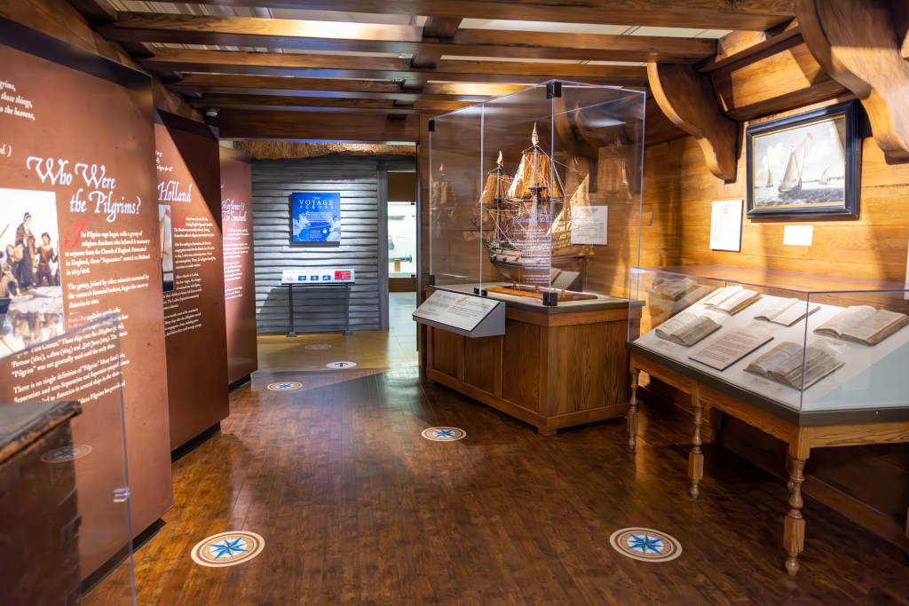 Exhibit about the Mayflower passengers, including artifacts from the Mayflower ship.