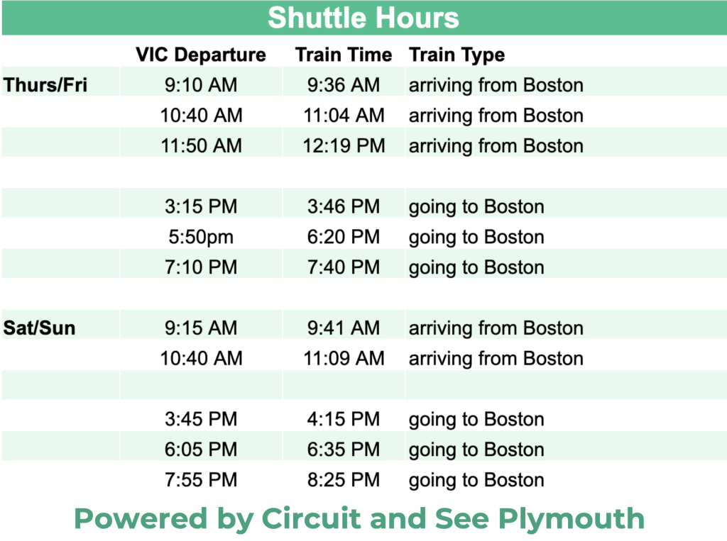 Temporary shuttle hours on Thursdays, Fridays, Saturdays, and Sundays from Kingston Station to the Plymouth Waterfront Visitor Center