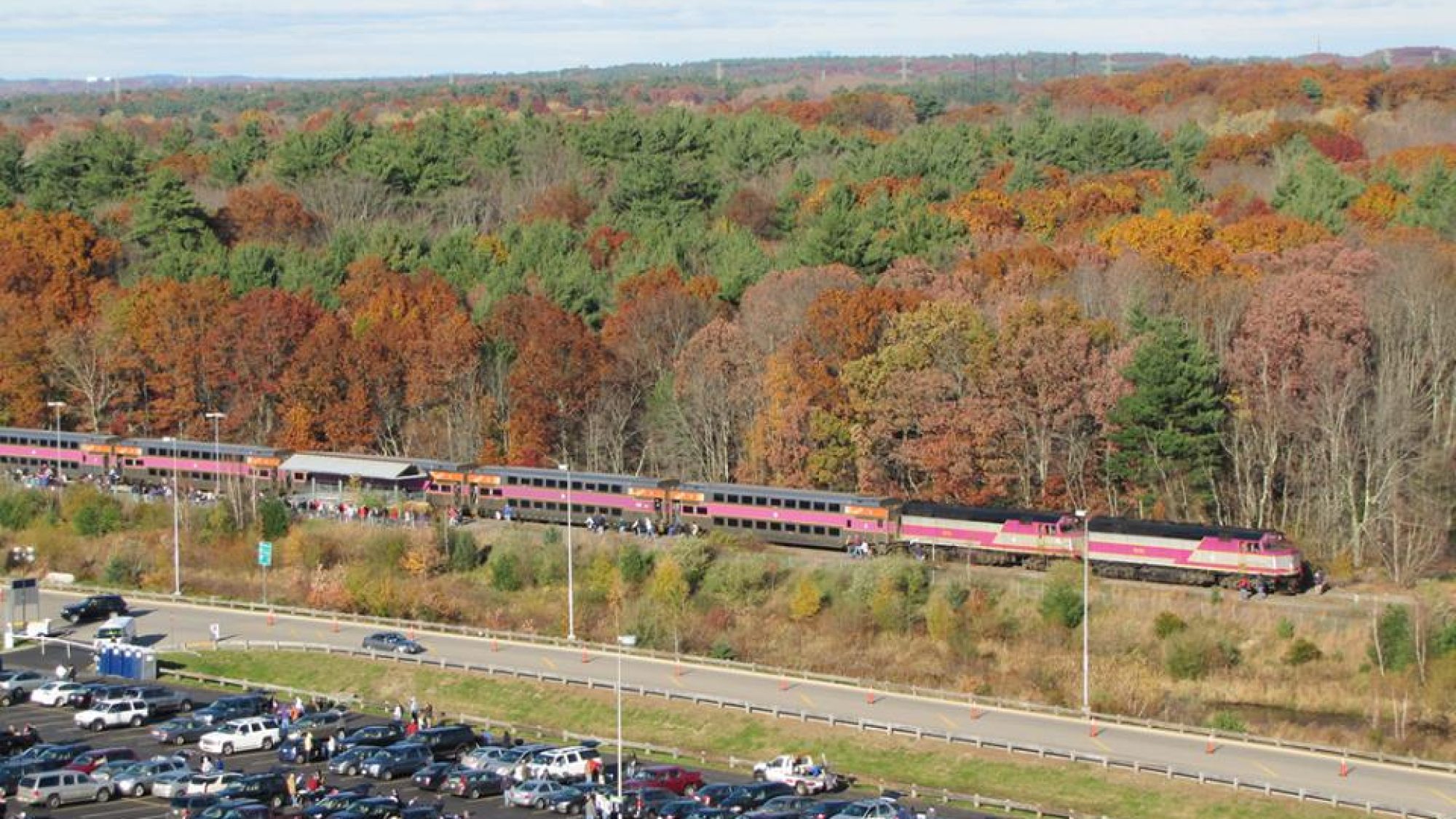 Train going through an area with fall foliage