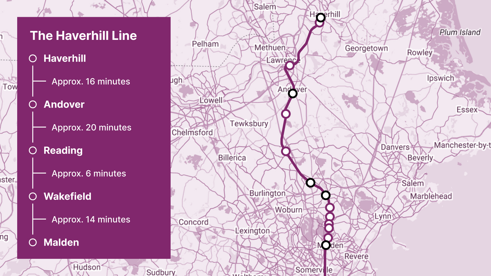 A Map of the Commuter Rail's Haverhill Line outlining each station on the line.